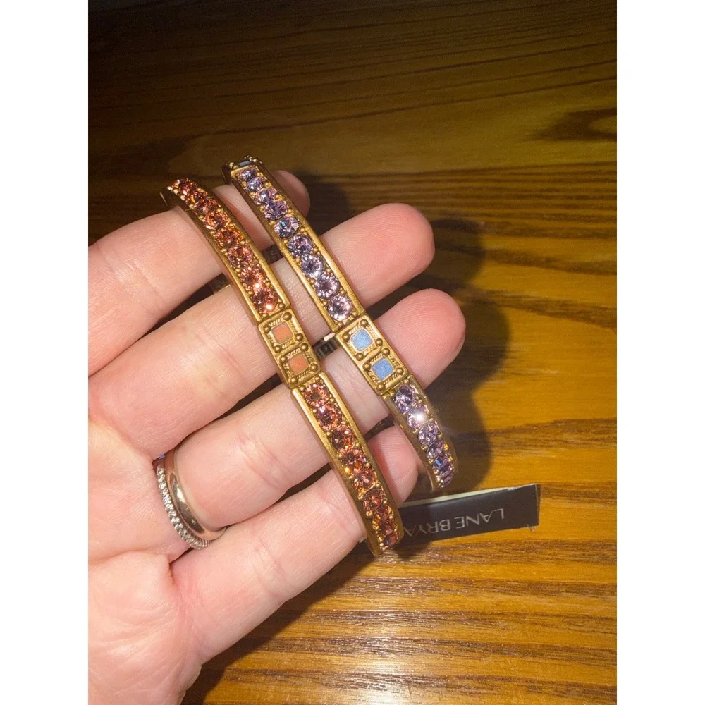 Lane Bryant Set of 2 Rhinestone Hinge Bangle Bracelets Purple Orange Gold Tone